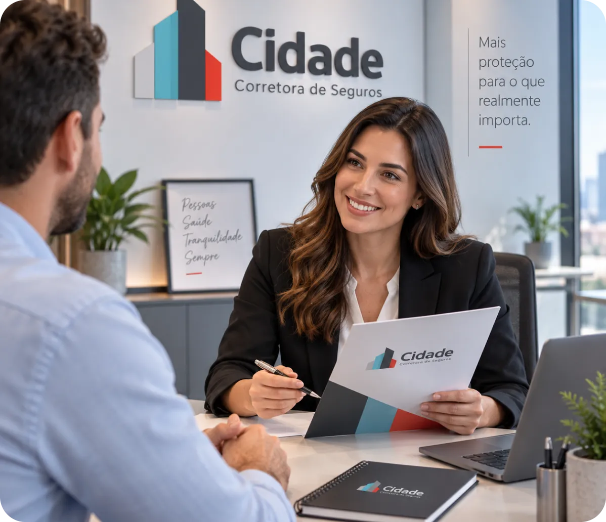 Consultora da Cidade Corretora sorrindo e apresentando uma proposta a um cliente, em escritório com o logo da corretora ao fundo