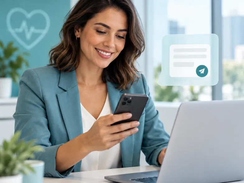 Consultora sorrindo enquanto usa o celular para pedir a cotação